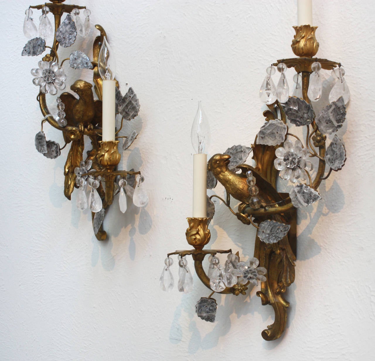 Louis XV Pair of Maison Baguès Gilt Bronze and Rock Crystal Sconces with Parrots