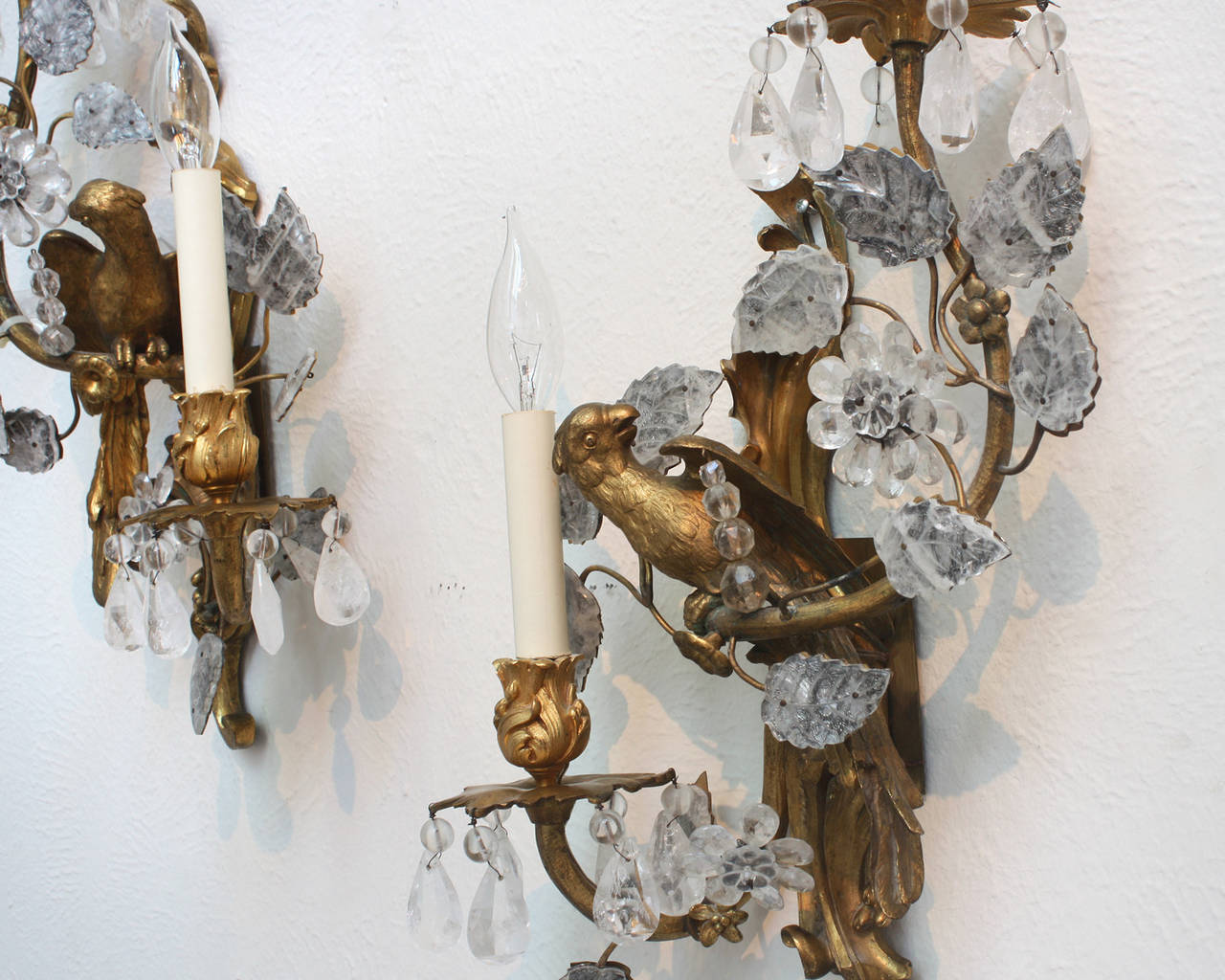 French Pair of Maison Baguès Gilt Bronze and Rock Crystal Sconces with Parrots