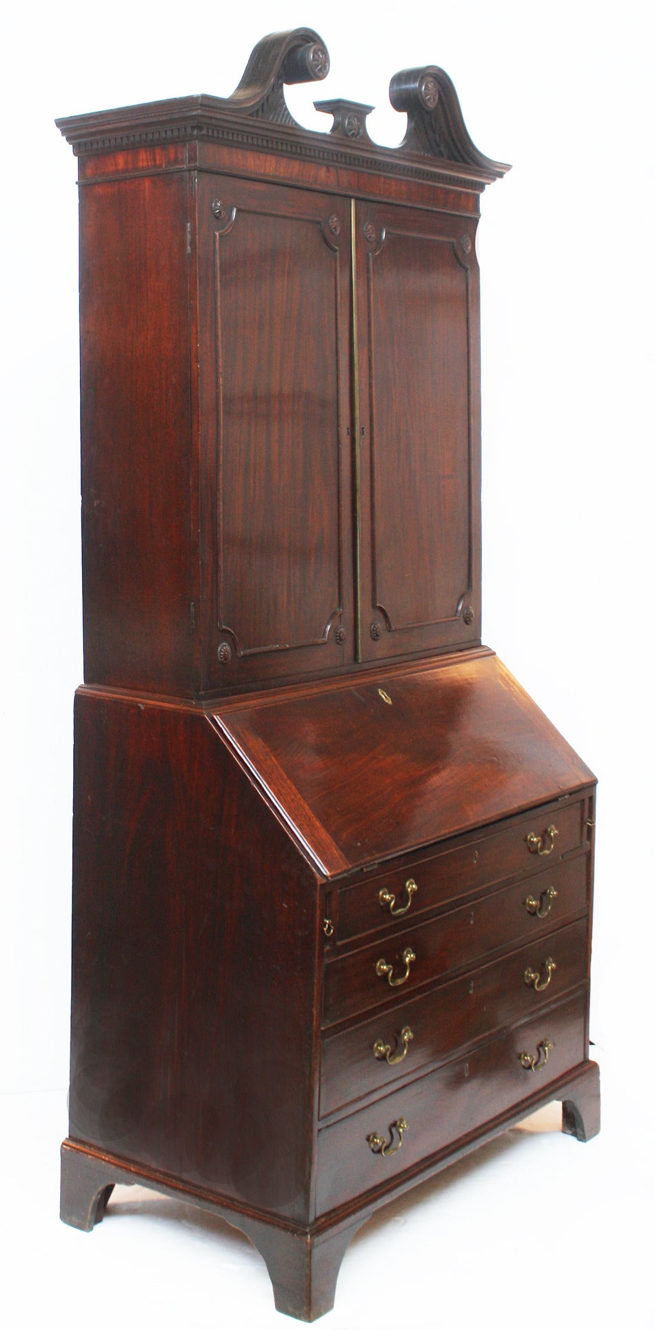 late 18th century English mahogany desk and bookcase with fall front, broken pediment top with dentil molded cornice, AS FOUND