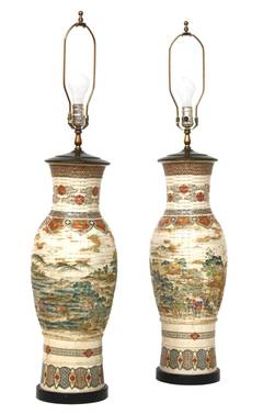 Pair of Monumental Japanese Satsuma  Vases as Lamps