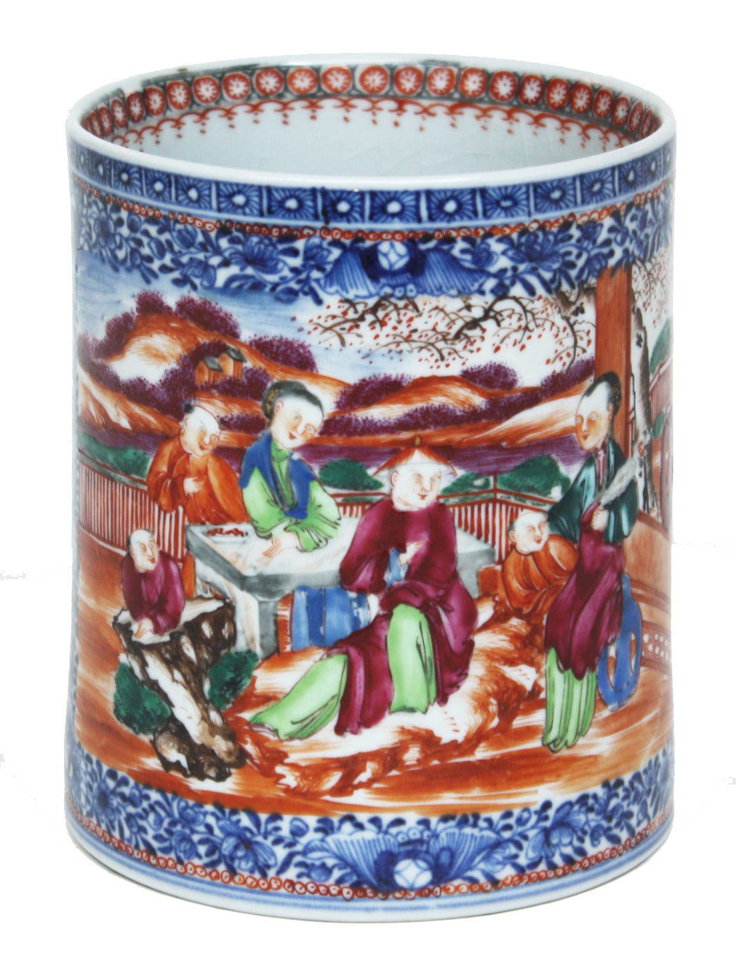 A very large Chinese export tankard painted in the mandarin palette with Chinese figures within underglazed blue and colored panels. Vibrant mandarin colors in blues, pinks, and greens. Additional color on the inside rim. Molded dragon handle with