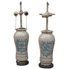 17th Century Spanish Abarillo Faience Jars as Custom Lamps Antique 17th Century Spanish Abarillo Faience Jars as Custom Lamps