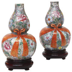 Pair of Chinese Double Gourd Vases on Stands
