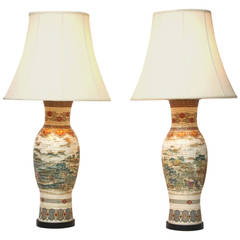 Pair of Monumental Japanese Satsuma  Vases as Lamps