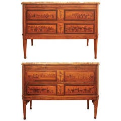 Rare Pair of Northern Italian Marquetry Commodes with Marble Tops