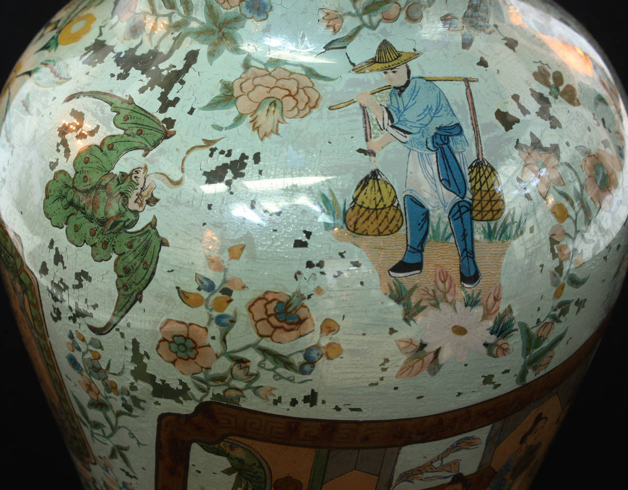 A Single Chinese Decalcomania Glass Vase Decorated with Chinese figures, Bats, Flowers and Birds.  

Cartouche framed scenes on each side of vase body, each depicting a different detailed and elaborate scene, against a celedon ground. Now mounted