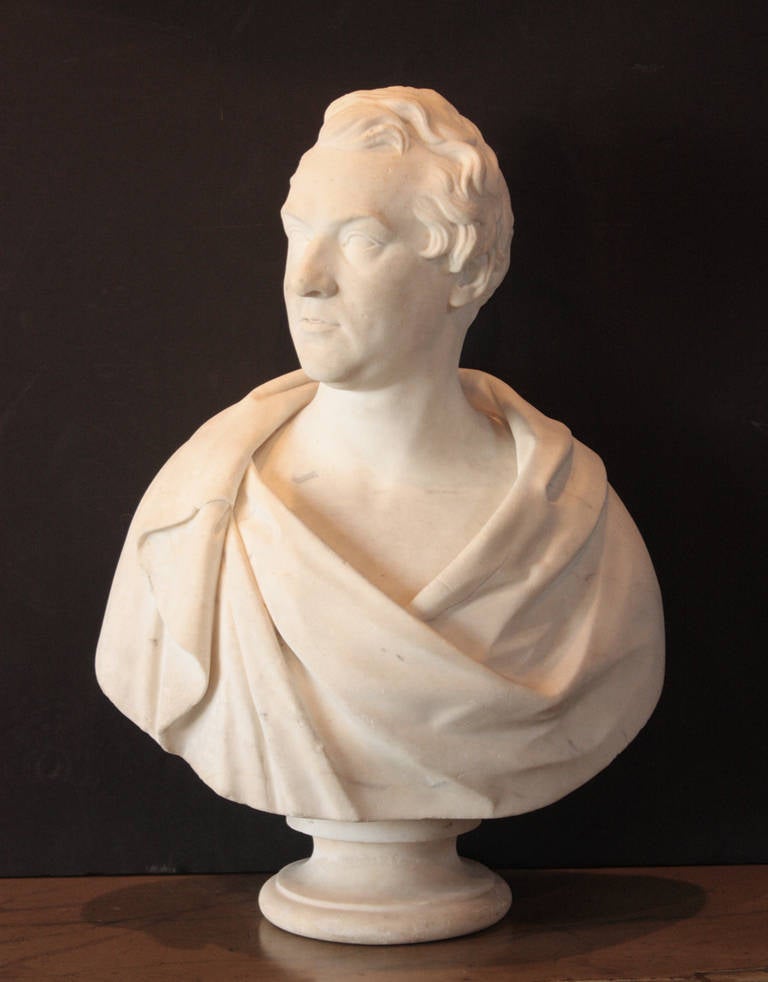 a large carved naturalistic portrait bust in white marble of a gentleman with draped shoulders by listed Scottish sculptor William Brodie (1815-1881)

signed 
W. BRODIE A.R.S.A.
Sc.
1853

He was elected Associate of the Royal Scottish Academy