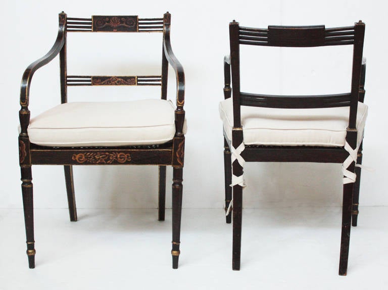 Ebonized Pair of Regency Arm Chairs