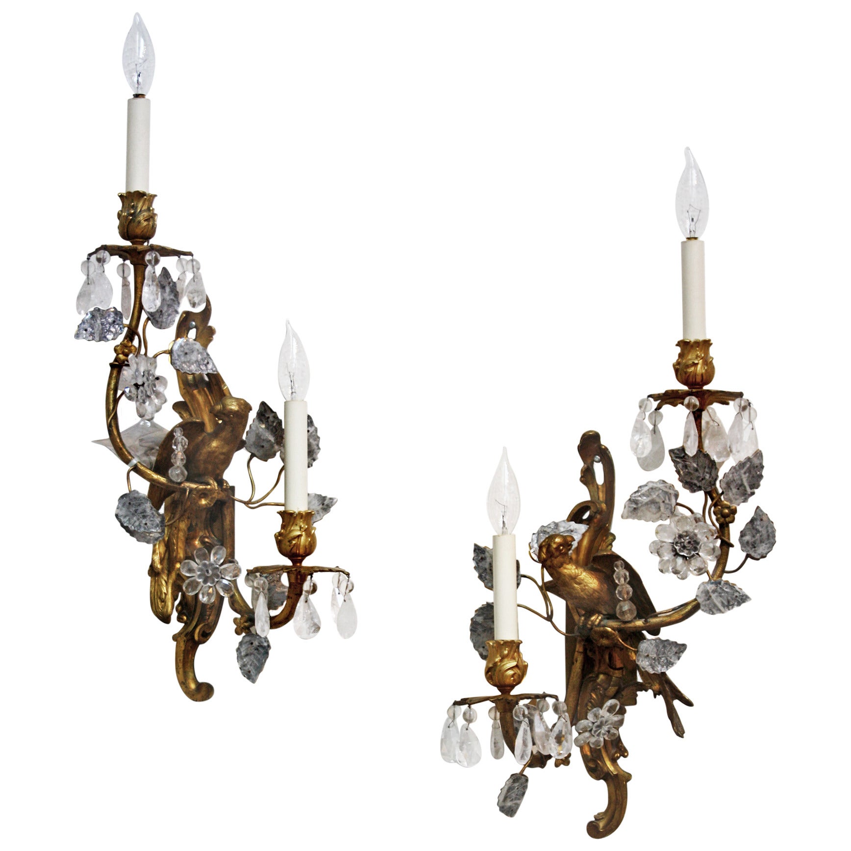 Pair of Maison Baguès Gilt Bronze and Rock Crystal Sconces with Parrots