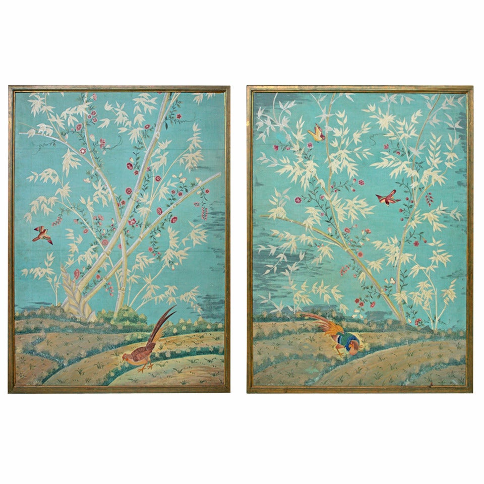 Large Pair of Chinese Painted Wallpaper Panels