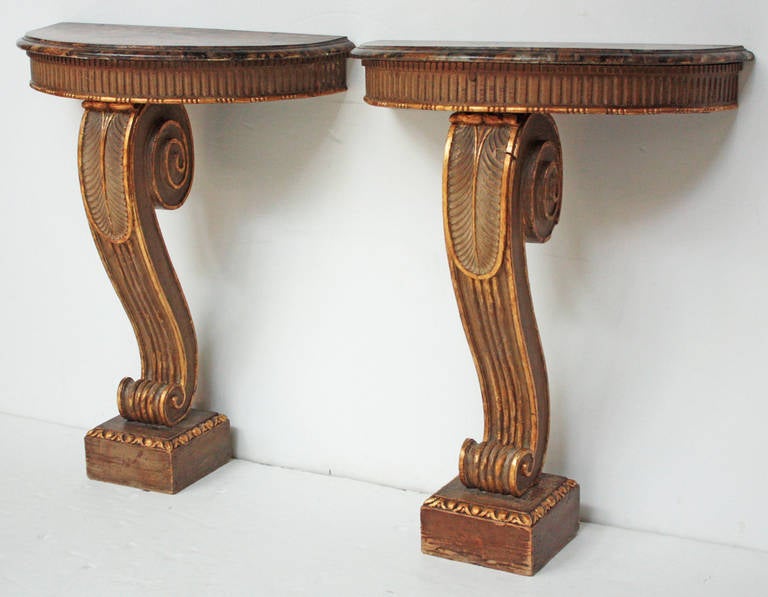 Pair of Demi Lune Consoles with Faux Marble Tops