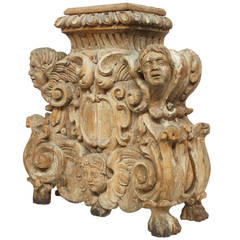 19th Century Carved Stepped Wood Plinth Base with Cherubs and Acanthus