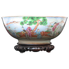 18th Century Chinese Export Punch Bowl In Mandarin Style with Hardwood Stand