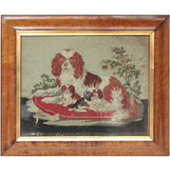 Antique Framed Needlework Scene of Cavalier King Charles Spaniel and Pups
