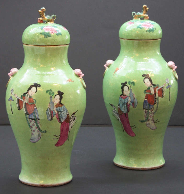 Pair of Green Chinese Jars with Lids