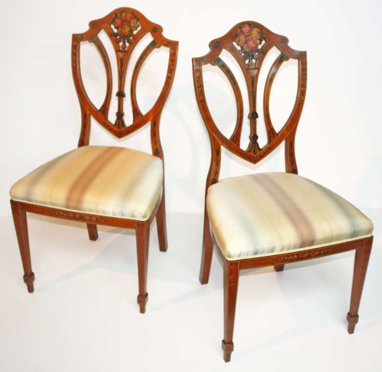Pair of Painted Edwardian Satinwood Shield Back Chairs