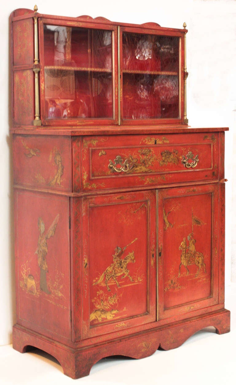 19th c. Red Chinoiserie Secretary Cabinet
