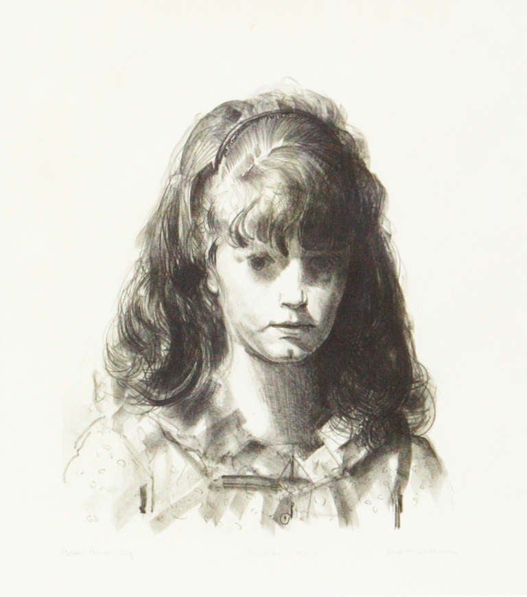 a monochromatic lithograph by American artist George Bellows of a young girl's head with curly hair titled 