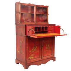 19th c. Red Chinoiserie Secretary Cabinet