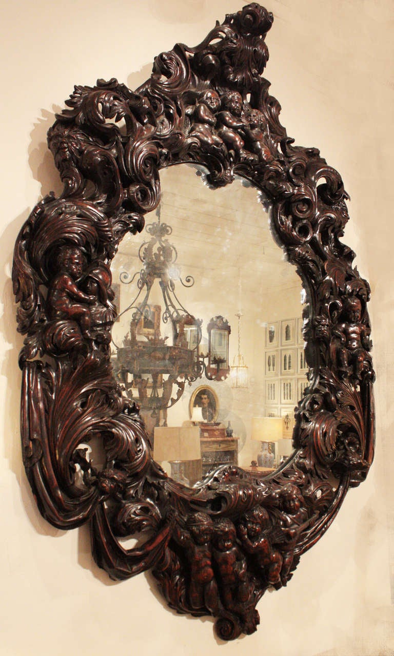 Baroque Revival Large Oval Mirror with Carved Putti