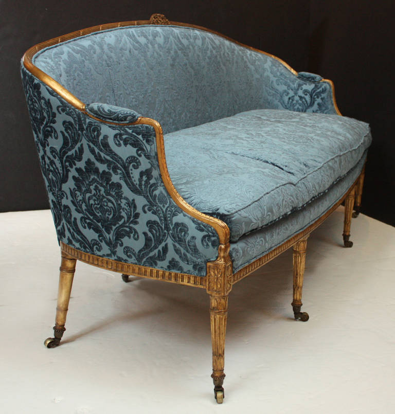 Adam Period Sofa with Carved Giltwood Frame and Blue Velvet Upholstery 2