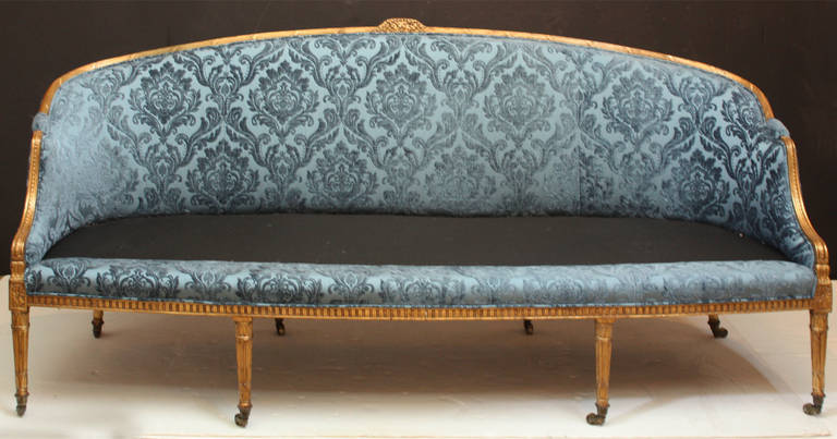 Adam Period Sofa with Carved Giltwood Frame and Blue Velvet Upholstery 4