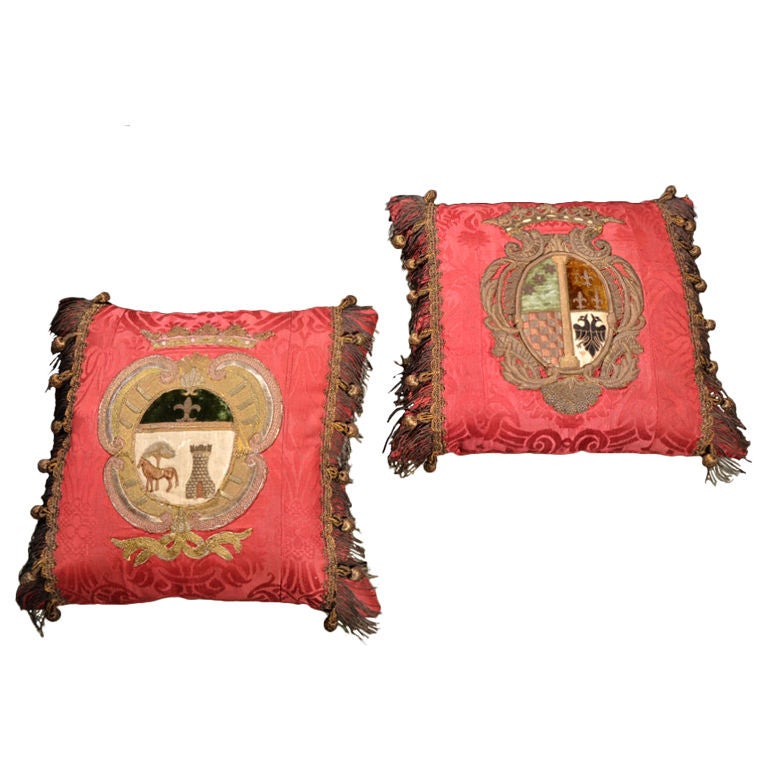 a pillow composed of early continental bullion crest on early silk Italian damask with antique metallic / bullion trim and fringe

there are two (2) available

price is for each