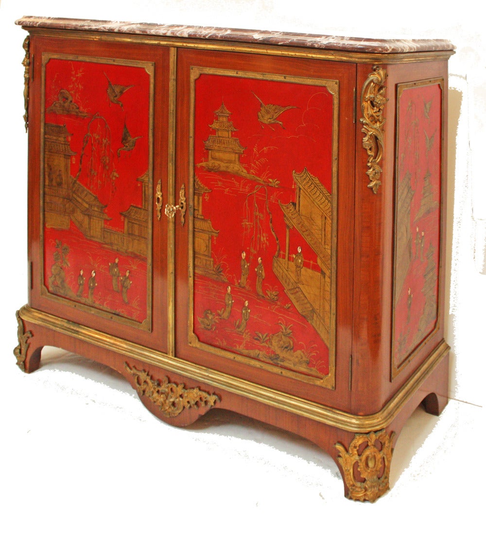 American Cabinet with Red Lacquer and Chinoiserie Decoration by Manheim