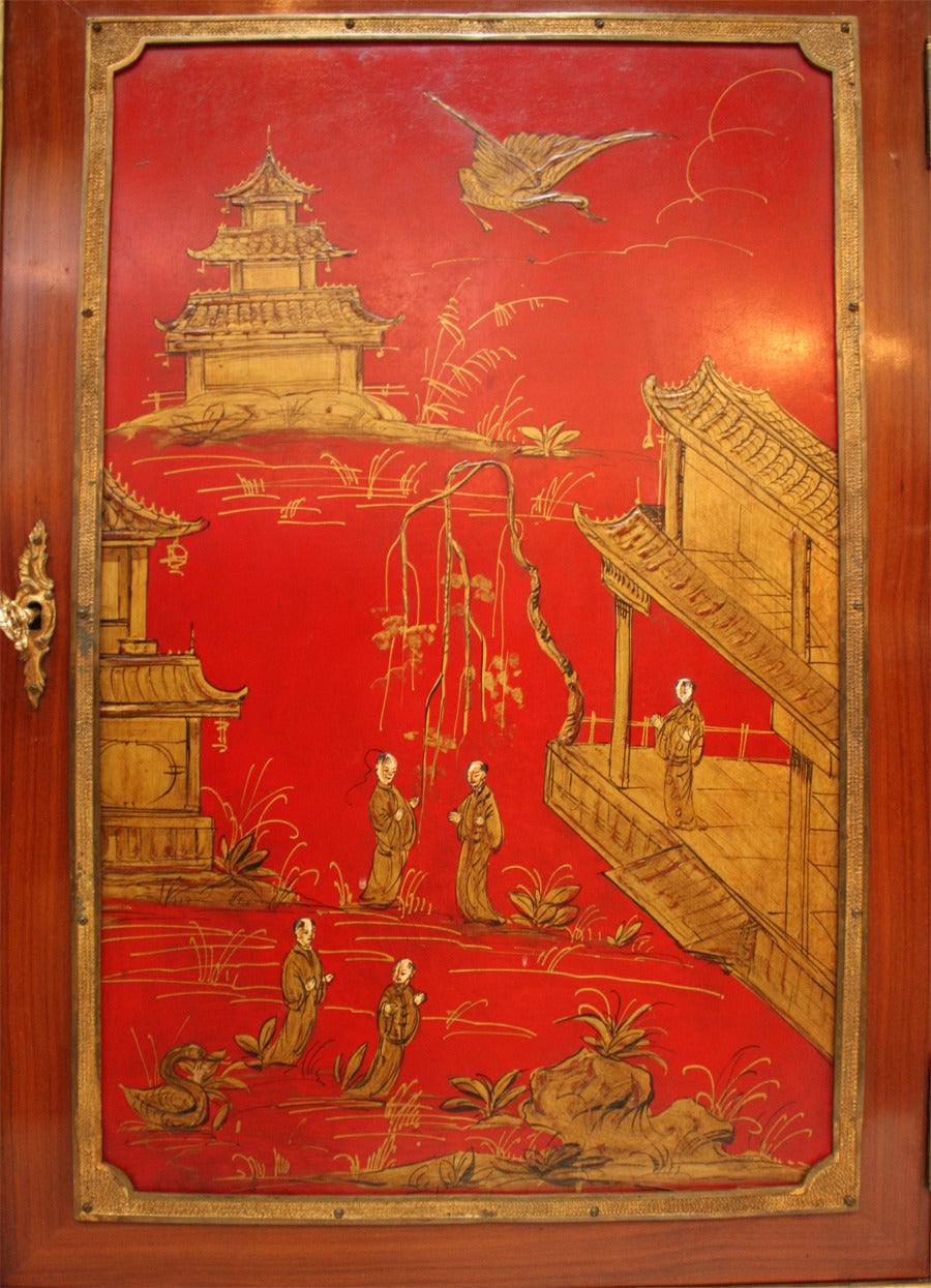 Japanned Cabinet with Red Lacquer and Chinoiserie Decoration by Manheim