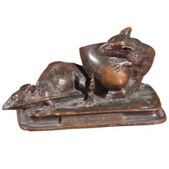Antique "Les Deux Rats et L'oeuf" Bronze Inkwell signed Aigon