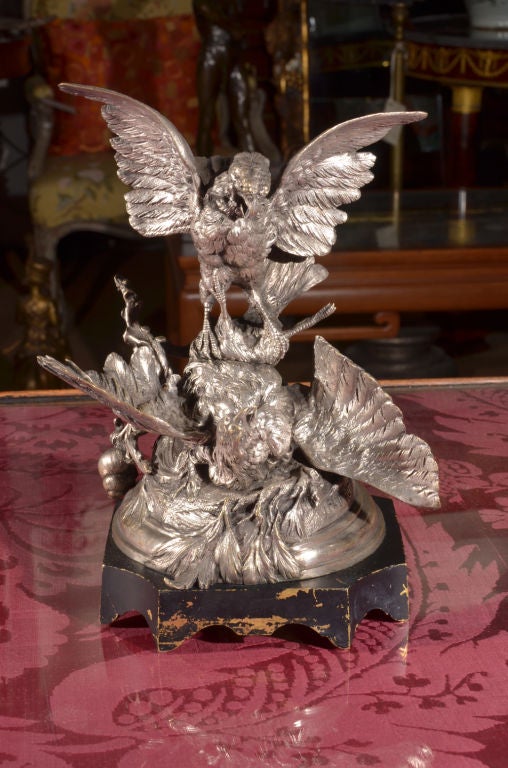 Silvered Bronze Sculpture of Two Fighting Birds by F. Pautrot