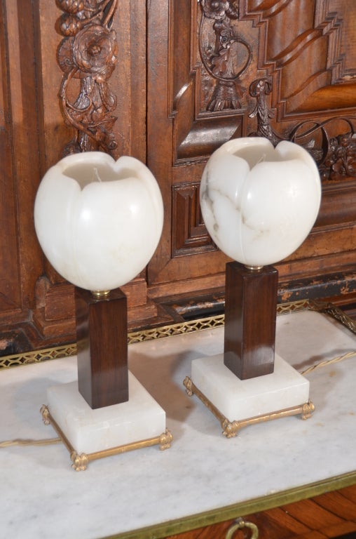 Pair of Alabaster Tulip Globe Lamps