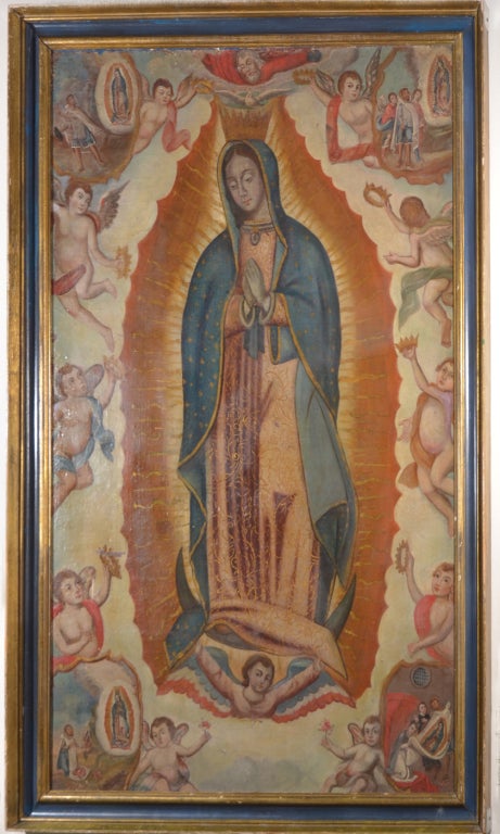 a Mexican School oil on canvas laid on board of the Virgin of Guadelupe with scenes at the four corners 

1) the blessed Virgin appears to the peasant Juan Diego 

2) at the Bishop's request, Juan Diego returns to the hillside to ask the lady
