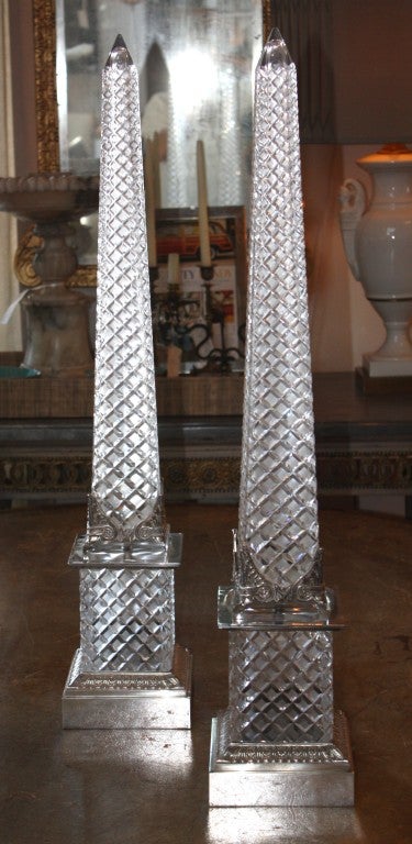 a pair of large hand- cut lead crystal obelisks with gilt bronze (silver gilt) mounts, exclusive

have original catalog including bill of sale