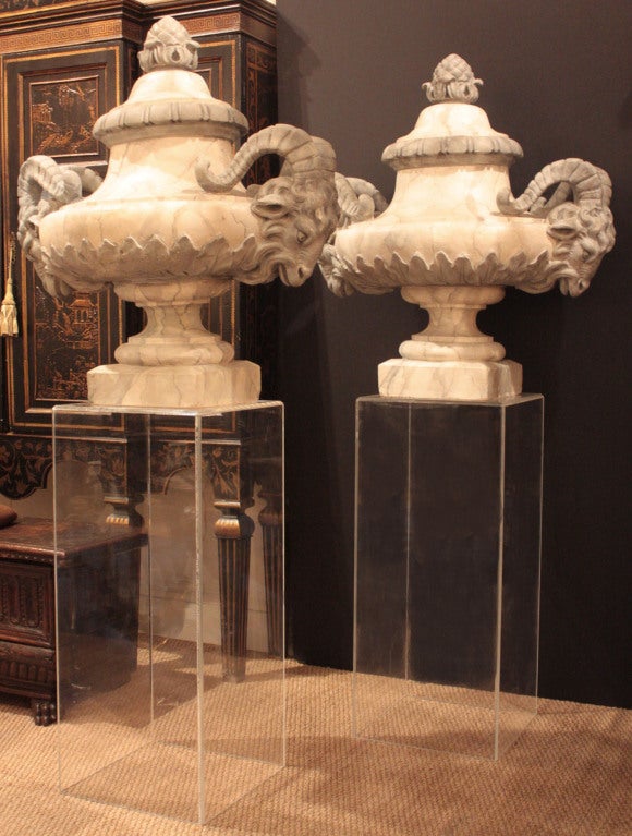 Pair of Monumental Plaster Urns on Plexiglas Pedestals