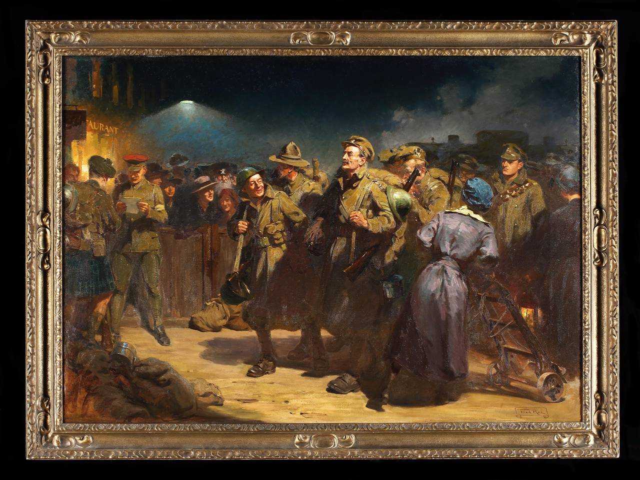 Frederick Roe, R.I., R.B.C. (1864-1947): ‘The Return of the Victors, Waterloo Station 1918.'

Original oil on canvas, dated 1918. Framed and unglazed. 

Frederick Roe created this hugely poignant work in 1918, depicting a group of dazed,