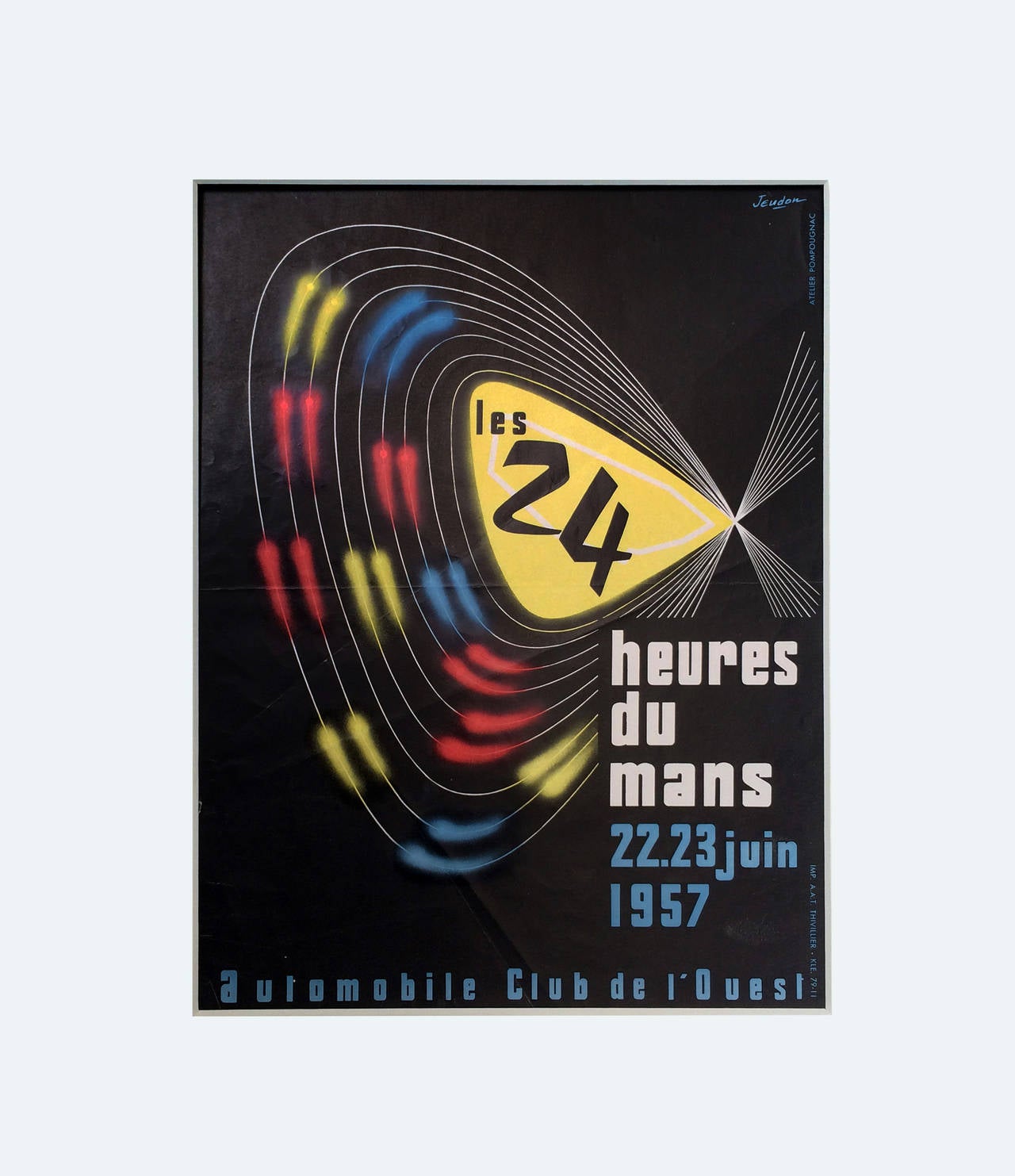 JEUDON: ‘Les 24 Heures du Mans, 22.23 Juin 1957’. 

Rare, original poster advertising the 1957 endurance race. 

Framed and glazed in a plain black oak section frame.