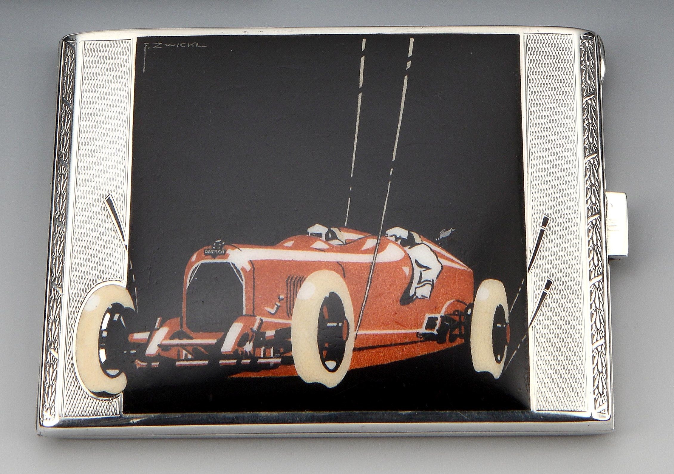 Very rare 'Racing Car' Art Deco Cigarette Case by E. Zwickl ca. 1928