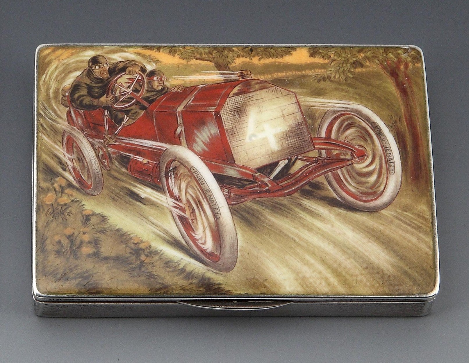 Very Rare 'Pneus Jenatzy' Silver and Enamel Cigarette Case ca. 1903