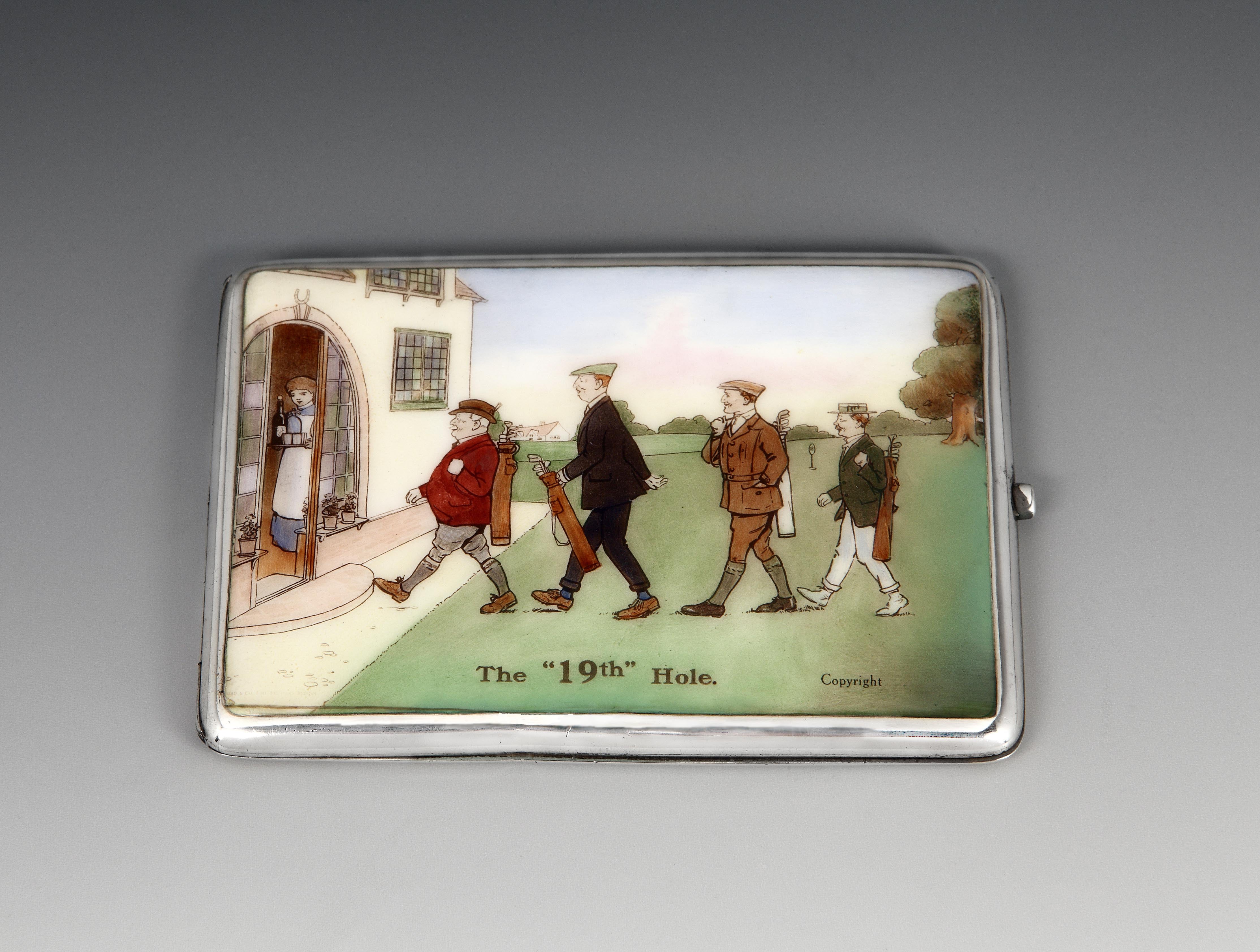 'The 19th Hole' Sterling Silver and Enamel Golf Cigarette Case, 1913
