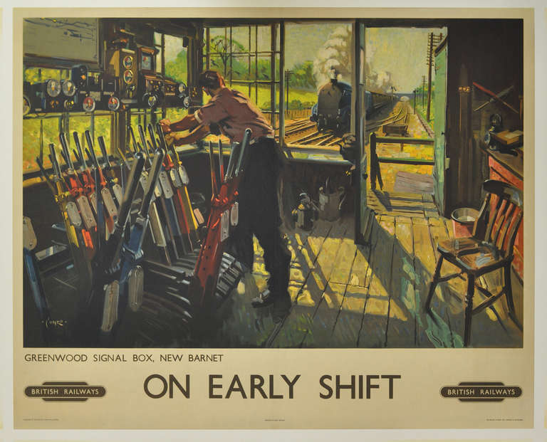 Terence Cuneo (1907-1996).

On Early Shift - Greenwood Signal Box, New Barnet

A highly atmospheric original British Railways poster, dated early 1950s and printed by Waterlow & Sons of London.

Conservation linen mounted, framed and glazed.