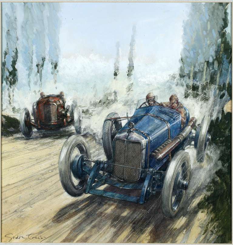 '1921 The first Italian Grand Prix, Circuito de Brescia.'

An extraordinarily dynamic watercolor on paper by the master of automotive art, Frederick Gordon Crosby depicting the victorious 3 litre Ballot driven by Jules Goux, overtaking Louis