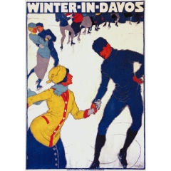 Rare original 'Winter in Davos' poster by Mangold Burkhard, 1914