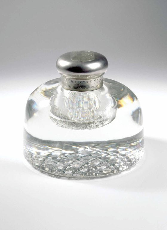 An unusually large Victorian inkwell, with a hobnail cut base and hinged silver top, engraved with a coat of arms and inscription ’From FS to RNSN on his marriage 1st January 1885’. <br />
<br />
The coat of arms are those of Nelthorpe quartering