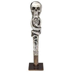 Silvered Bronze 'Skull and Snake' Cane Handle