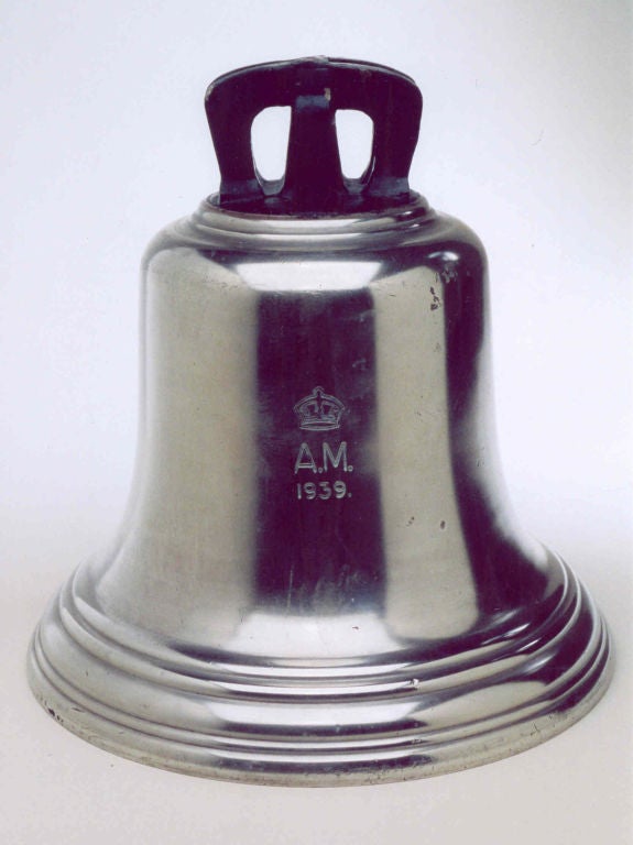 A rarely seen cast-iron Royal Air Force station ‘scramble’ bell, in service at the start of World War II, and retaining its original clanger (new rope pull included). The casing marked with engraved AM (Air Ministry) crest and crown above, and dated