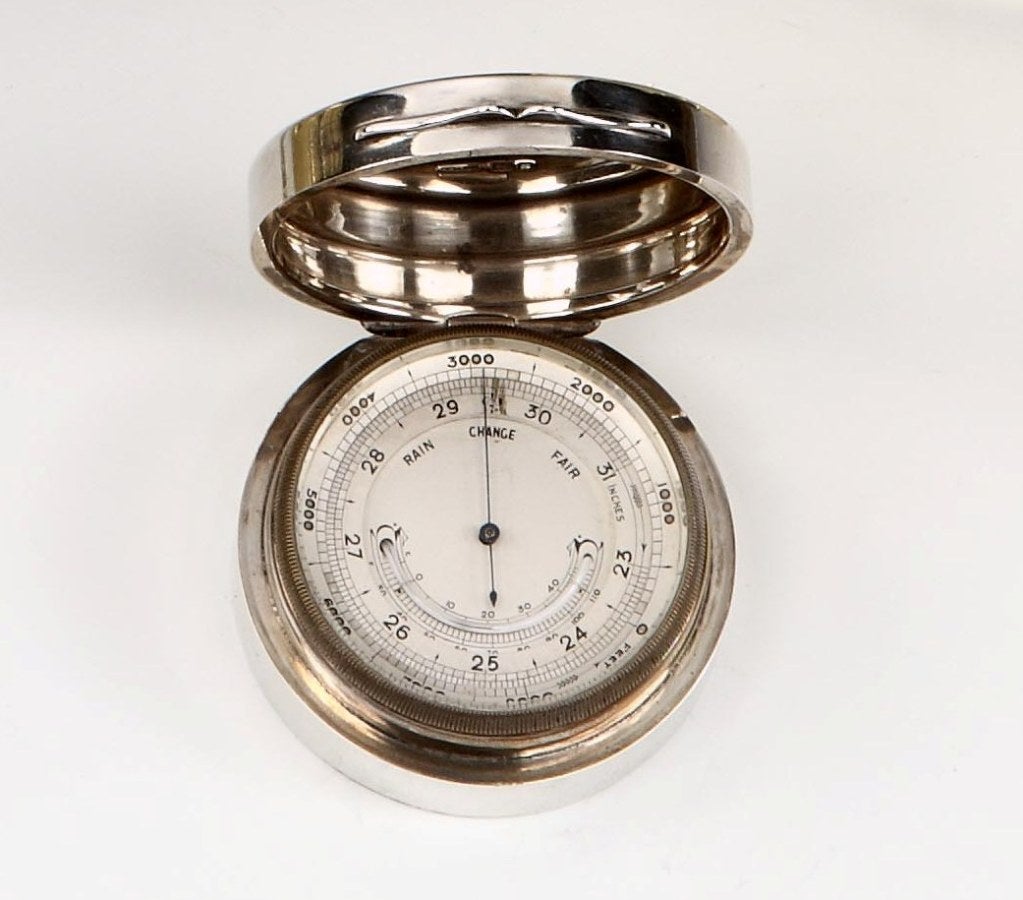A presentation Sterling silver pocket barometer, the hinged cover inscribed ‘St. Moritz Curling Club, 1914’. Fully hallmarked for Asprey & Co, London, 1913. 

Diameter: 2¼ inches (6 cms). 

Additional Notes: The St. Moritz Curling Club was