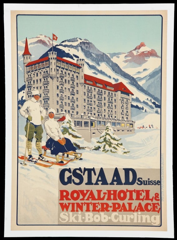 ‘Gstaad Suisse Royal-Hotel & Winter Palace Ski-Bob-Curling’: a strikingly good and very rare original poster dating from 1913 as an announcement of the opening of the fashionable Palace Hotel in the heart of Gstaad. 

Conservation linen mounted,