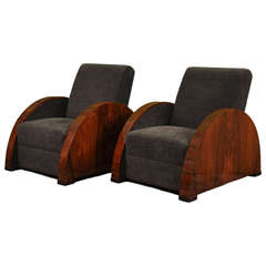 Pair of 1930s Art Deco Armchairs with Demilune Arms and Walnut Veneer