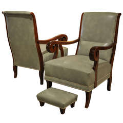 Pair of Art Deco Armchairs with Foot Stools